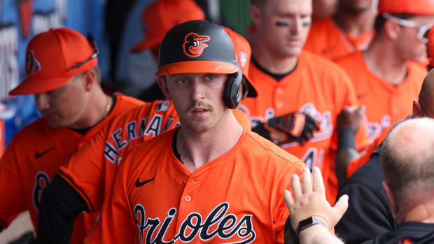 Mar 5, 2024; Clearwater, Florida, USA; Baltimore Orioles second baseman Jordan Westburg (11) celebrates after scoring a run against the Philadelphia Phillies in the sixth inning at BayCare Ballpark. Mandatory Credit: Nathan Ray Seebeck-USA TODAY Sports